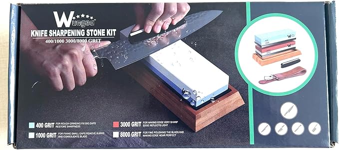 Wucgea Knife Sharpening Stone Kit - 400/1000 3000/8000 Grit Japanese Whetstone Sharpener set with Non-slip Rubber Base Angle Guide Flattening stone and Leather Strop…