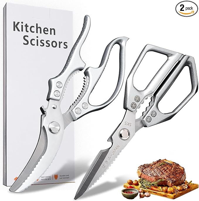 Kitchen Scissors 2-Pack, All-Purpose Heavy Duty Sharp Stainless Steel Shears, Dishwasher Safe Food Scissors for Chicken Bones, Poultry, Herbs & More, Kitchen Shears Set with Bottle Opener