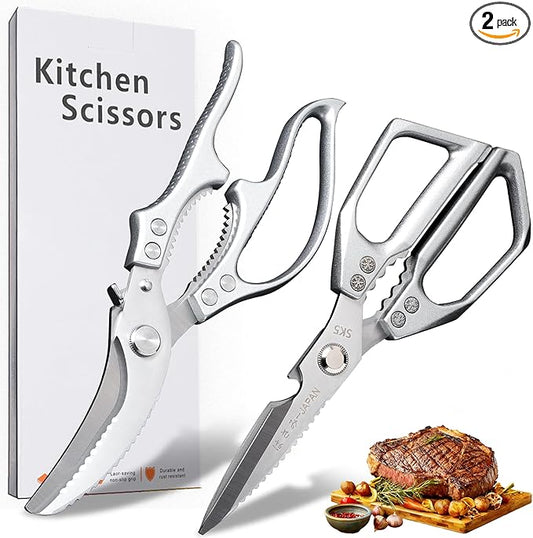 Kitchen Scissors 2-Pack, All-Purpose Heavy Duty Sharp Stainless Steel Shears, Dishwasher Safe Food Scissors for Chicken Bones, Poultry, Herbs & More, Kitchen Shears Set with Bottle Opener