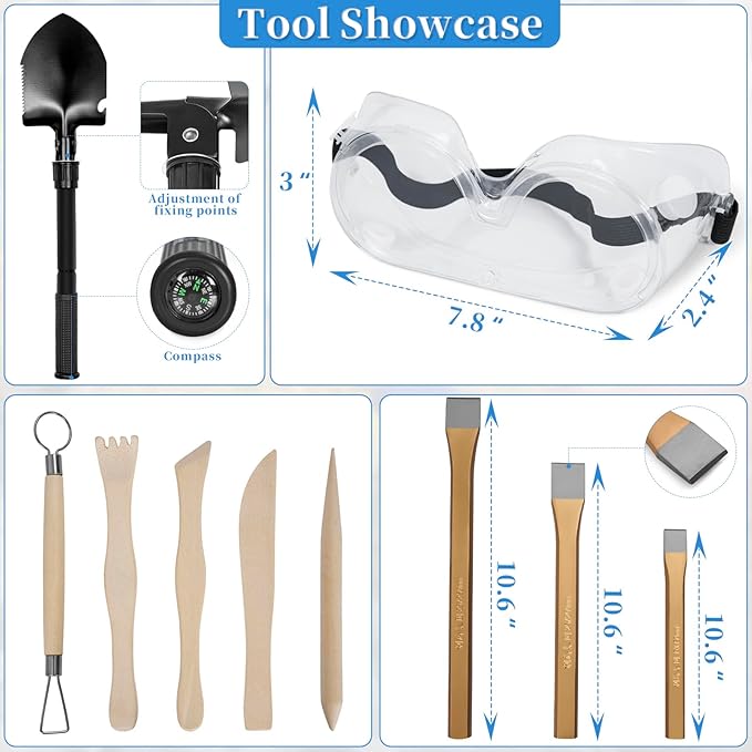 17PCS Geology Rock Pick Hammer Kit, Gold Mining & Prospecting Equipment Tool, including 32oz Hammer & 3 PCS Digging Chisels Set, Shovel, Wooden Chisel, magnifying glass, Whistle, goggles