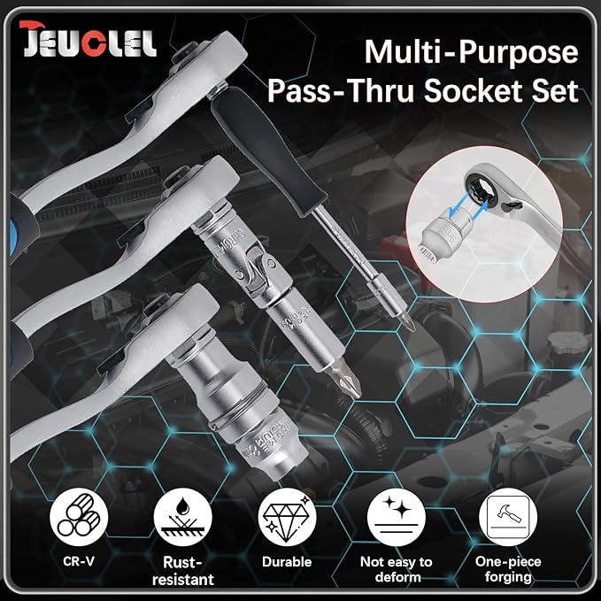 29PCS Pass Through Socket Set, 1/4 Inch Drive Impact Master Socket Wrench Kit, Ratchet Set With Universal Joint, Deep Socket Set, Low Profile Go-Through Socket Srench Set