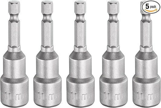 HARFINGTON 5pcs Nut Driver Drill Bit 11mm Metric Socket 1/4" Hex Shank 2.56" (65mm) Long Magnetic 6-Point Sockets Quick Change CR-V Steel Bolt Setters for Power Drill Drivers