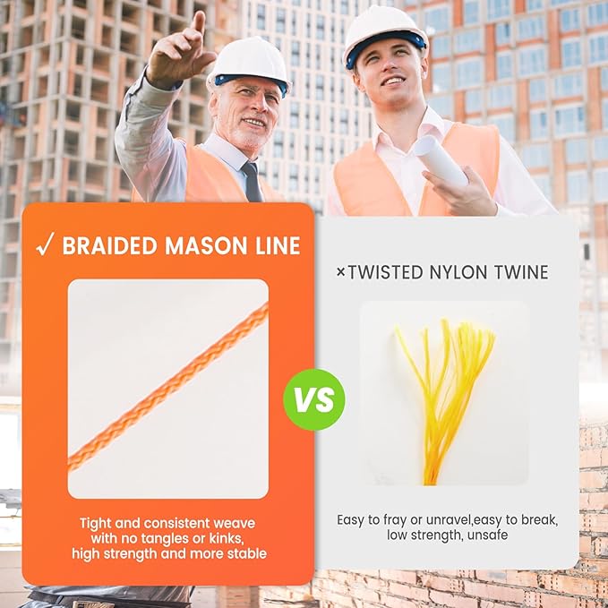 MERIANE Mason Line, 500 Ft #18 Braided Nylon String Twine, Premium String for Masonry Jobs, Construction, Gardening, Net Making and Mending, DIY Projects, Fluorescent Orange