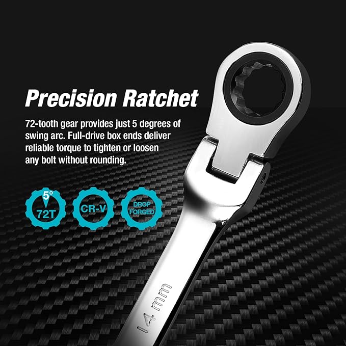 DURATECH 14mm Flex-Head Ratcheting Combination Wrench, Metric, 72-Tooth, CR-V Steel