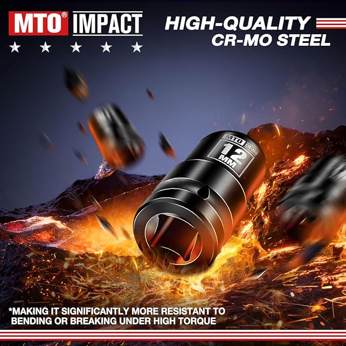 MTO 1/2" Drive 12mm Shallow Impact Socket, 6-Point Metric Socket, CR-MO Steel & Anti-Corrosion Coating for Tight Spaces and Heavy-Duty Tasks