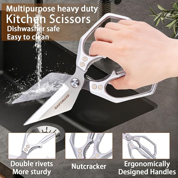 Heavy Duty Kitchen Scissors, Sharp Multifunctional Shears for Food with Full Metal Construction, Dishwasher Safe, Ergonomic Handle for Cutting Poultry, Meat, Fish, Herbs