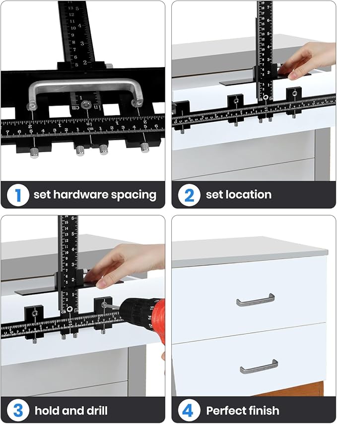 New Cabinet Hardware Jig Tool Set - Aluminum Alloy Cabinet Handle Jig ??With Automatic Center Punch, Cabinet Jig 14-Piece - Adjustable Drill Guide for Cabinet Installing/Drawer Knobs - Door Pulls