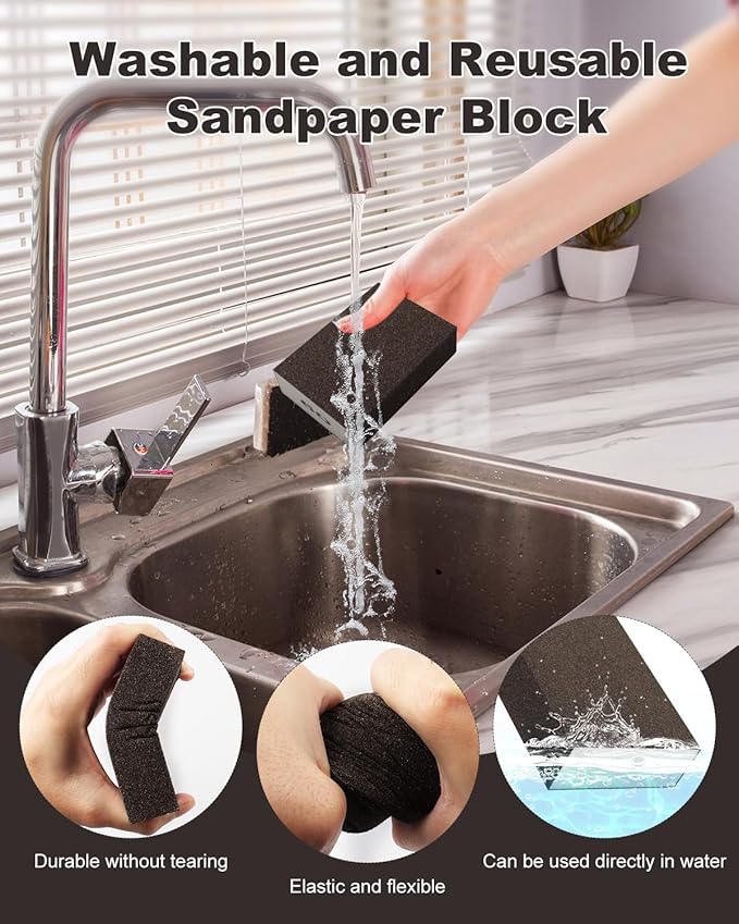 Rocaris 60 Pack Sanding Blocks, Washable and Reusable Sanding Sponge Fine Coarse for Wood and Drywall 60, 80, 100, 120, 180, 220 Grit