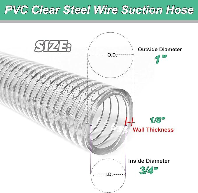 3/4"id-50ft PVC Reinforced Tubing Steel Wire Suction Flexible Hose Vinyl Tubing Heavy Duty PVC Vacuum Hose Drain Fuel Oil Gas Water for Marine Bilge Pump Pond Spa