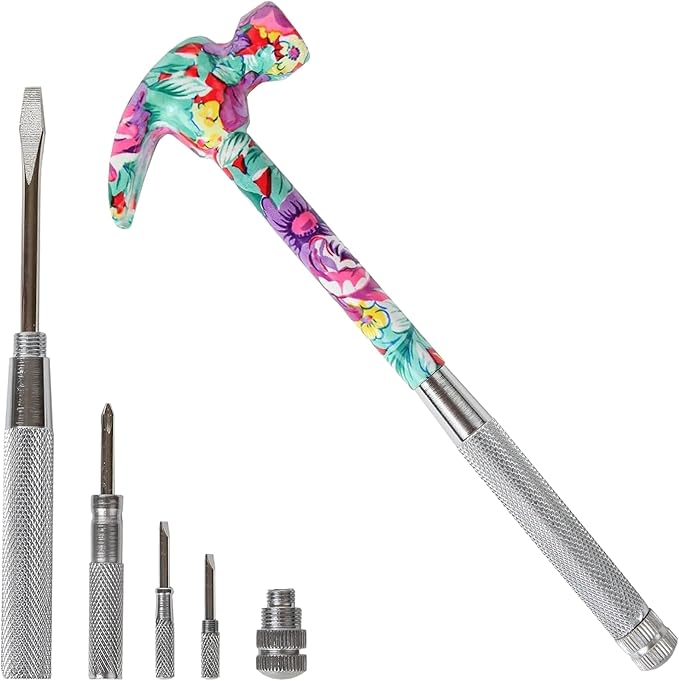 Home-X 6-in-1 Floral Hammer – Multifunctional Hammer with Screwdrivers Inside | Includes Slotted Flat Head, Phillips, Flat Head 2, and Hammer Cup | Portable Mini Hammer Tool (Pink)