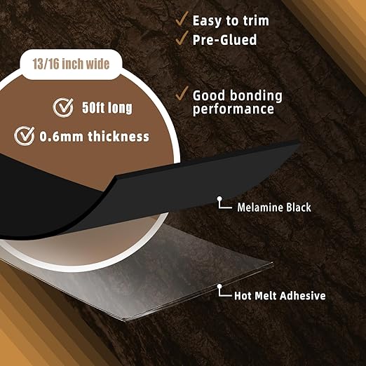 GSCIT Club Black Flexible Edging Trim for Plywood Cabinet Furniture, 13/16 inch x 50ft Melamine Edge Banding with Hot Melt Adhesive Pre-glued