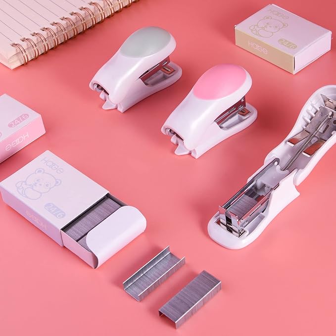 NEBURORA Mini Effortless Desktop Staplers with 400 Standard 24/6 Staples, 2-24 Sheet Capacity, Includes Built-in Staple Remover, Cute Stapler Gift for Student and Office Use, 3 Colors Options (Pink)