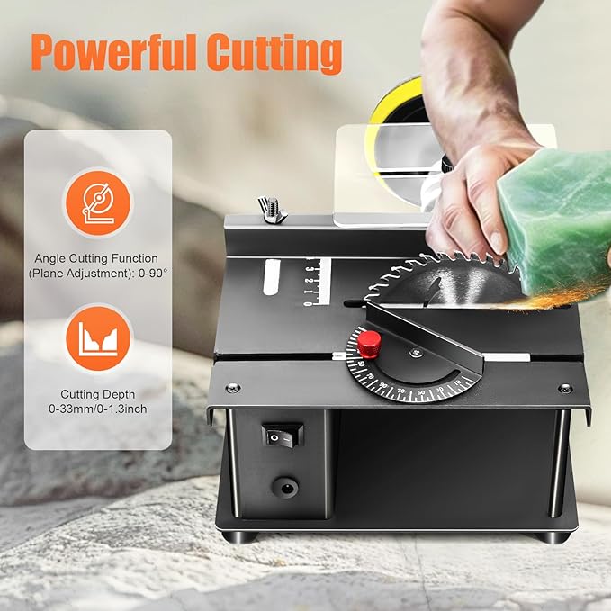 Mini Table Saw 200W - 0-90° Adjustable 1.3in Cutting Depth, 7-Speed 3000rpm w/Cold-Rolled Steel Base, for Wood/Metal/Plastic, Desktop DIY Craft Cutting Tool