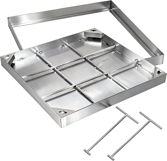 MYOYAY Stainless Steel Manhole Cover and Frame with 2 Lifting Hook, 24x24 inch Recessed Square Septic Tank Lid with Base, Invisible Sewage Basin Inspection Cover for Driveway Yard Pavement