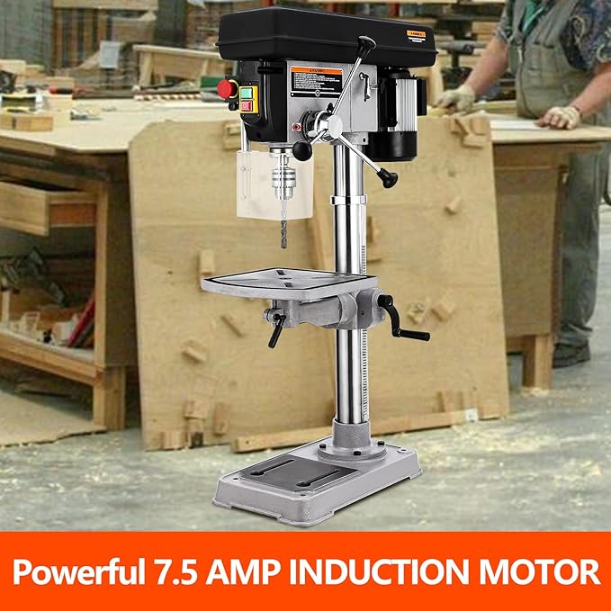 Powerful 15" Benchtop Drill Press with 288-3084 RPM Variable Speed Control, 7.5 Amp 120v Pure Copper Motor with Satety Guard, 0-45°Tilting Worktable, Floor Drilling Machine for Wood Metal
