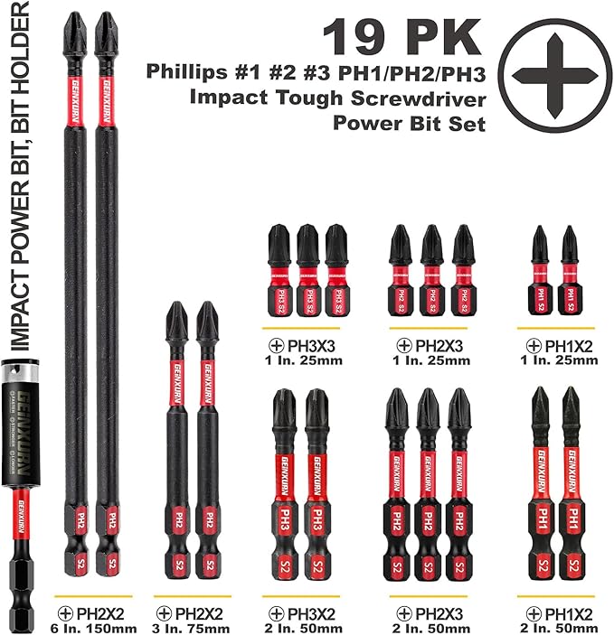 Impact Tough Phillips Bits PH1/PH2/PH3 Insert Driver Bits,19Pack Bulk Phillips Screwdriver Bits Set with 1Pcs Impact Bit Holder