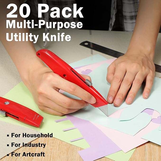Reginary 20 Pcs Box Cutter Bulk Retractable Utility Knife Heavy Duty Aluminum Alloy Razor Knife for Cardboard Box Carton Opener for DIY, Factory, Home Office(Red)