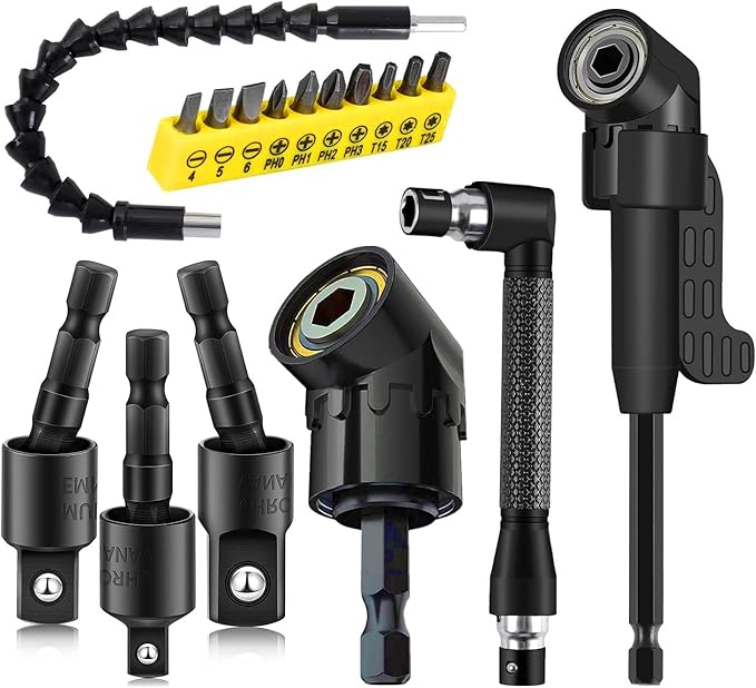 17pcs Flexible Drill Bit Extension, Include 3pcs Rotatable Socket Adapter 2pcs Hex Shank 105째 Right Angle Drill Attachment 10 Short Screwdriver Bits Bendable Extension and 90째 Angled Bits
