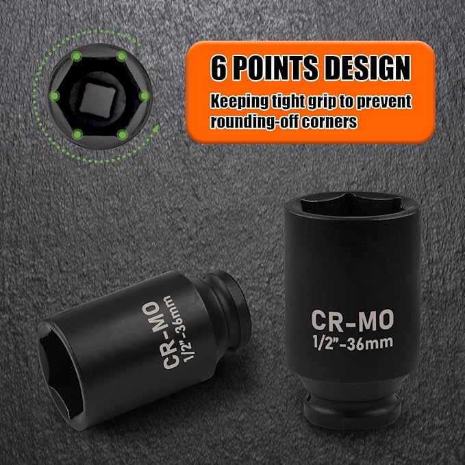 36mm Socket 1/2" Drive Deep Impact Metric Socket,CR-MO 6 Point for Easy Removal of Axle Nut