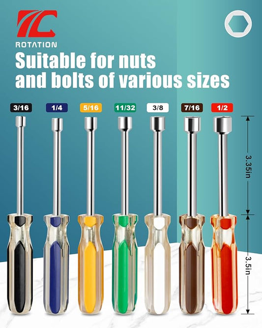 ROTATION 7pc Nut Driver Set 5/16" to 1/4" - Chrome Vanadium Steel, Comfort Grip for Automotive & Electrical Repair