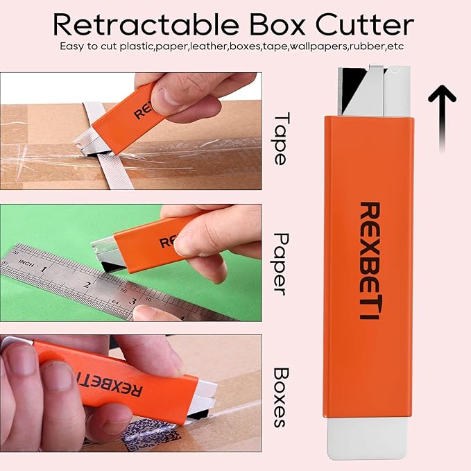 REXBETI 12 Pack Box Cutter, Retractable Cardboard Cutter, Razor Blade Scraper, Handy Box Opener, More Sharp Single Edge Razor Blade Box Cutter Set for Packages Papers and Boxes, Antirust Utility Knife