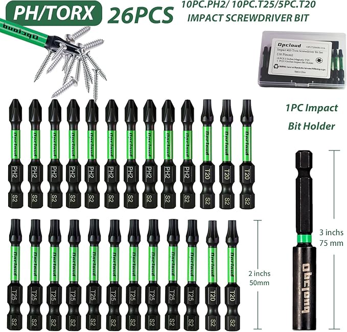 Impact Screwdriver Bit Set, 26 Pieces 2??PH2/T25/T20 Magnetic Tips Driver S2 Steel Power Bit Set with Extension Impact Bit Holder