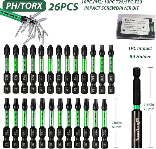 Impact Screwdriver Bit Set, 26 Pieces 2??PH2/T25/T20 Magnetic Tips Driver S2 Steel Power Bit Set with Extension Impact Bit Holder