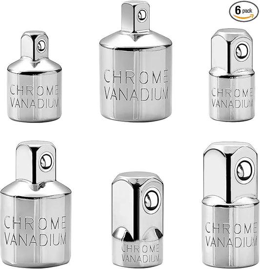 6PCS Socket Adapter and Reducer Set,1/4", 3/8", 1/2" Adapter Set Chrome Vanadium Steel Ratchet/Socket Conversion Kit for Automotive Maintenance (Silver)