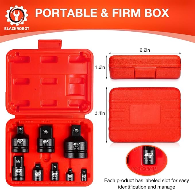 BLACKROBOT Impact Socket Adapter Set 8PCS, 1??/4??/2??3/8??/4?쒾quare Drive, Reducer for Impact Driver Wrench Drive Conversion, Cr-Mo Steel Exceeds ANSI Standards with Portable Case
