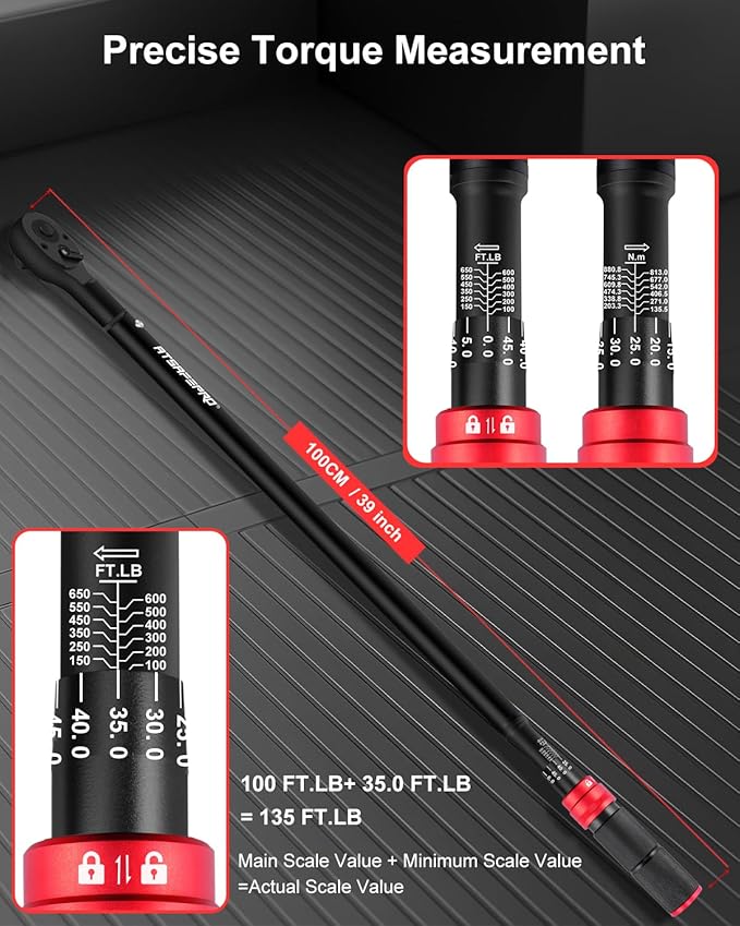 ATsafepro 3/4 Torque Wrench 100-650 Ft-Lb ??짹3% Accuracy, Reversible 48-Tooth Ratchet, Cr-V Steel, Dual Scale, 3/4" Drive Click Heavy Duty Precision Torque Wrench for Truck, RV, Heavy Equipment