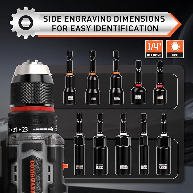 COMOWARE Magnetic Impact Nut Driver Set, 55Pcs Deep Nut Driver Set, Metric/SAE Sockets, Bit Extension, 1/4'' Quick Change, Cr-V Steel for Automotive & Industrial Use