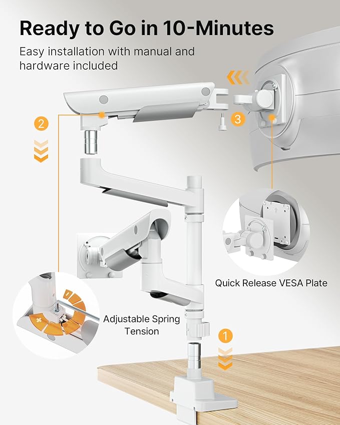 monTEK Sleek Aluminum Monitor Arm for 17??7??Ultrawide Screens up to 59.4 lbs, USB 3.0 A/C, Heavy Duty Dual Monitor Arm Desk Mount, Pneumatic Lift, Quick-Release Plate, Clamp/Grommet, max VESA 100x100