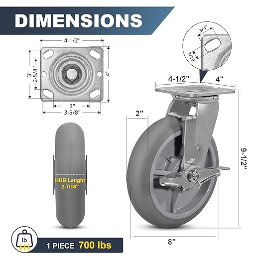 8inch Caster Wheels, Thermoplastic Rubber Wheels(Crown Tread) with Steel Plate, Heavy Duty Casters Set of 4-2800Lbs Capacity (2 Brake & 2 Rigid)