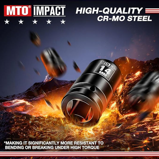 MTO 1/2" Drive 14mm Shallow Impact Socket, 6-Point Metric Socket, CR-MO Steel & Anti-Corrosion Coating for Tight Spaces and Heavy-Duty Tasks