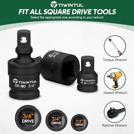 3/4 Inch Drive Universal Impact Joint, 1/2" to 3/4" Impact Adapter, 1" to 3/4" Impact Reducer, CR-MO, Impact Swivel Socket Set, 3-Piece, Meets ANSI Standards, for Mechanics & Industrial