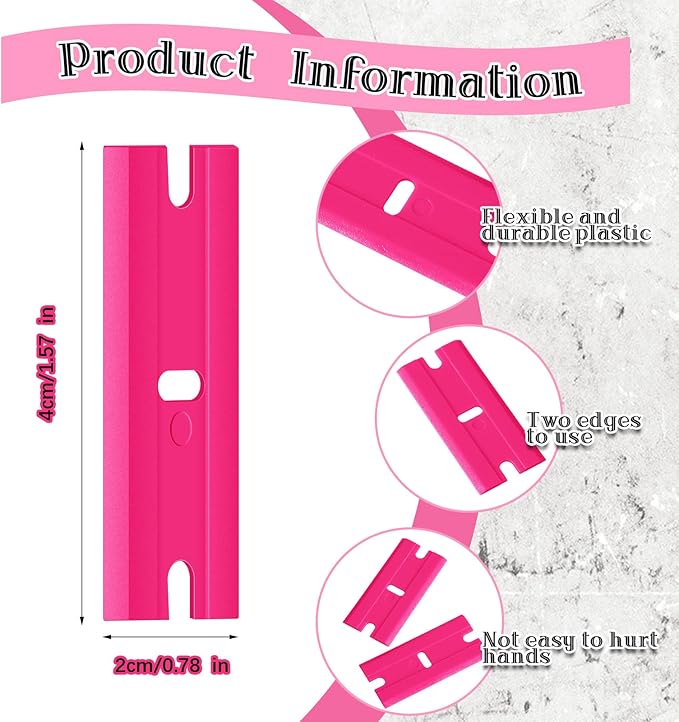 Honoson 300 Pieces Plastic Razor Blade Scraper Blades Plastic Scraper Tools Double Edge Razor Blades with a Tip Slot Edge Blades for Removing Decals, Stickers, Cleaning Window Glass (Pink)