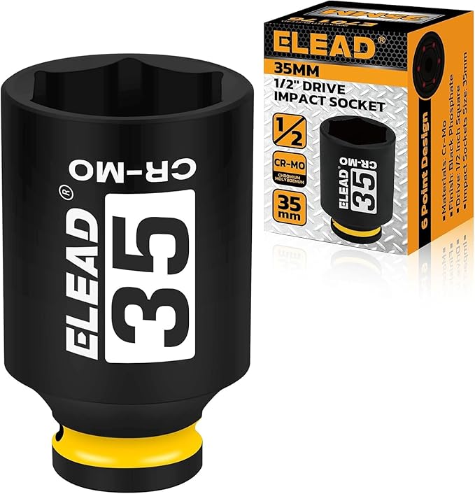 ELEAD 1/2" Drive Deep Impact Socket, 35 mm Metric 6 Point 1/2-inch Drive Impact Axle Nut Sockets, CR-MO Nut Socket Set, Oil Filter Sockets, Tools for Easy Removal of Axle Shaft Nuts