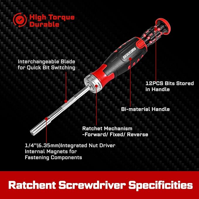 Mini Changeable Head Manual Screwdriver Holder Set, 12-in-1 Multi-bit Magnetic Screwdriver Quick-Load Mechanism, with 12pcs S2 Steel Phillips/Slotted/Torx/Square Bits