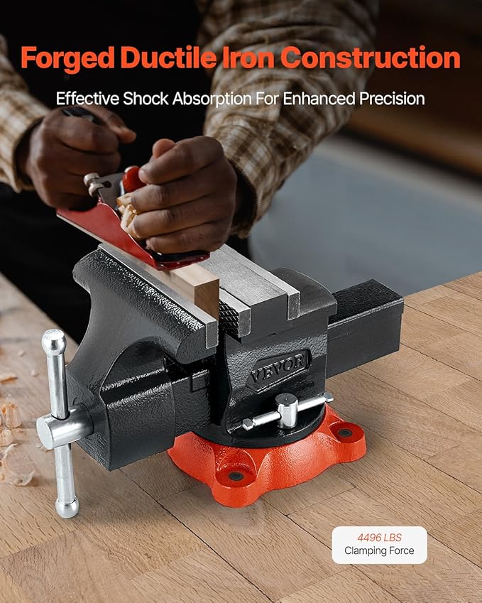 VEVOR Bench Vise, 5.5" Jaw Width, 5.5" Max Jaw Opening Multipurpose Vise with 360째 Swivel Locking Base, 2.8" Throat Depth, Heavy Duty Ductile Iron Workbench Vise, Two-Way Jaws for Clamping Round Pipes
