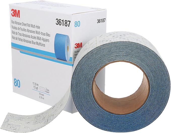 3M Hookit Blue Abrasive Sheet Roll, 36187, Multi-Hole, 2.75 in x 13 yd, 80+ Grade, Automotive Sanding Roll Sandpaper for Coating Removal, Body Repair, Auto Sanding