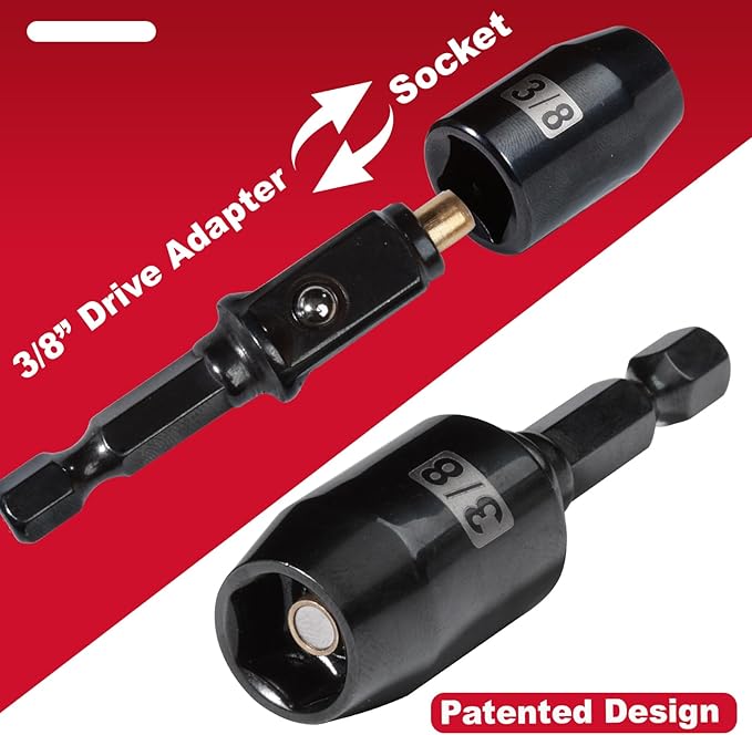3/8" Drive Impact Nut Driver Set,Magnetic SAE (1/4'' 5/16'' 3/8'' 7/16'' 1/2'') 6 Point,S2 Alloy Steel Strong Hex Socket Drive Adapter Nut Driver