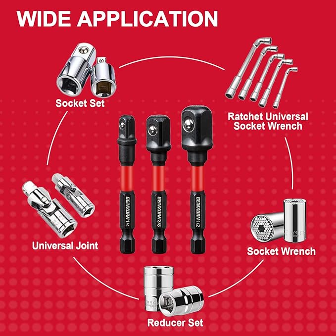 6Pcs Impact Socket Adapter Set,1/4" 3/8" and 1/2" Drive, (3" and 6") Extension Bit with Holder, Adapt Your Power Drill to High Torque Impact Wrench