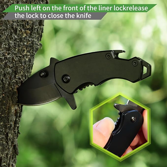 Small Pocket Knife for men, 1.58 Inch Blade, Black Stainless Steel, Compact Keychain knife with Safety Lock and Clip for Camping, Hiking, Daily Tasks, Mini Folding Box Cutter EDC Gadgets Tools
