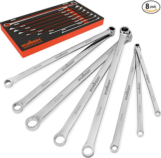 HORUSDY 8-Piece Extra Long Double Box-End Wrench Set, 12-Point Metric 8??4 mm, CR-V Steel, 15째 Offset, Off-Corner Loading, with EVA Foam Organizer