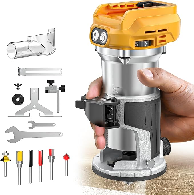 Cordless Compact Router Compatible with DeWalt 20V Battery (Bare Tool), 6 Variable Speeds Router Tool for Woodworking, 800W Fixed Base Wood Router