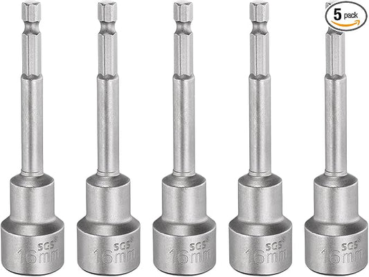 HARFINGTON 5pcs Nut Driver Drill Bit 16mm Metric Socket 1/4" Hex Shank 3.94" (100mm) Long Magnetic 6-Point Sockets Quick Change CR-V Steel Bolt Setters for Power Drill Drivers