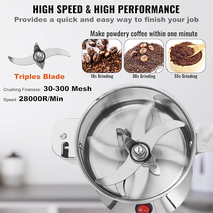 VEVOR 150g Electric Grain Mill Grinder, High Speed 850W Commercial Spice Grinders, Stainless Steel Pulverizer Powder Machine, for Dry Grains Spices Cereals Coffee Corn Pepper, Straight Type