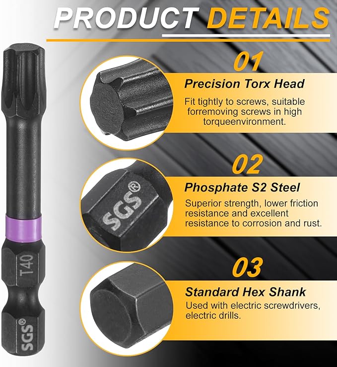 HARFINGTON 2pcs T40 Torx Head Impact Screwdriver Bits 1/4" Hex Shank 2" (50mm) Long Magnetic No Hole Tamper Proof 6 Point Star Screw Driver Drill Bits Phosphate S2 Steel Power Tools