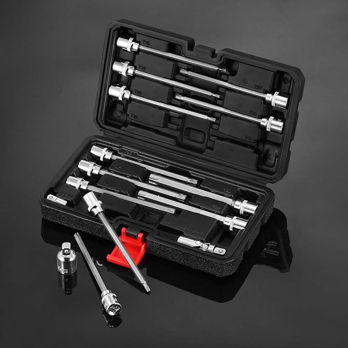 3/8" Drive Extra Long Torx Bit Socket Set,15-Piece T10-T60 Star Bit Socket Set S2 Alloy Steel Torx Bit 4.6" Length