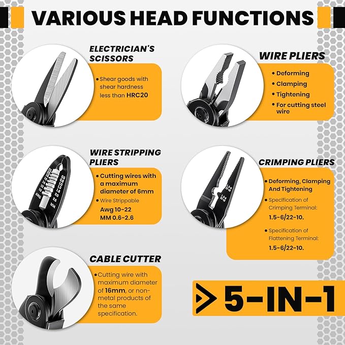 HARDELL Wire Cutter, Quick-Change Heads for Wire Stripper, Cable Cutters, Wire Crimper, Linesman Pliers, Scissors, Multifunctional 5 IN 1 Pliers with Storage Case for Electricians & DIY, 8 Inch